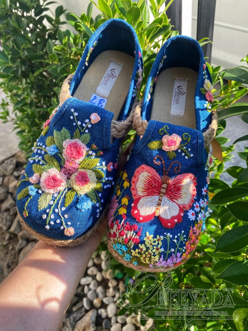 手工刺绣帆布鞋，尺寸 35-42 - 女款牛津鞋/乐福鞋 - 绣线 