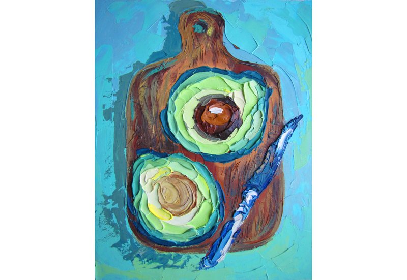 Avocado Art Fruit Original Art Kitchen Painting Vegan Artwork Oil Wall Art - 海报/装饰画/版画 - 其他材质 多色