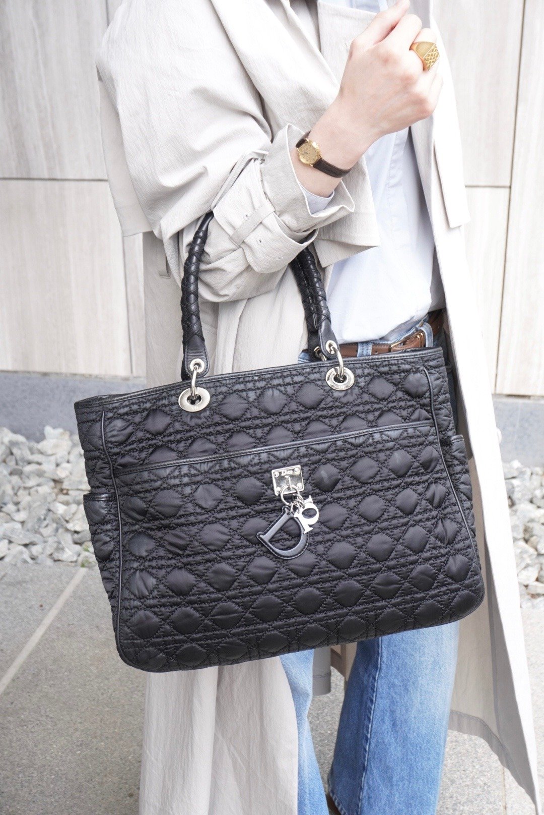 【日本直送 名牌中古包】Christian Dior 迪奥 Cannage 黛妃包 托特包 黑色 品牌 LOGO 吊饰 尼龙 ggknav - 手提包/手提袋 - 尼龙 黑色