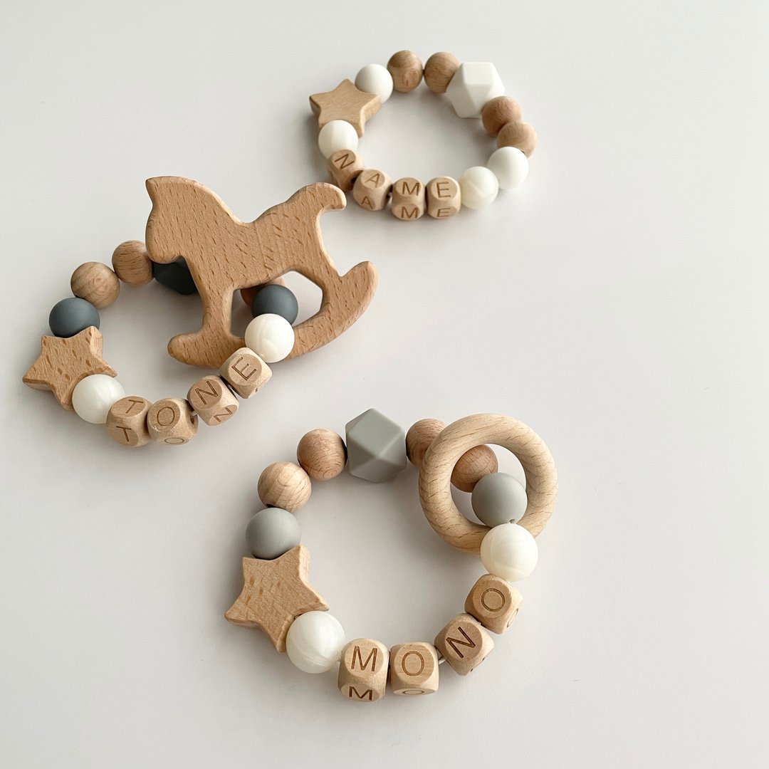Teething Ring Monotone with Wood Motif - 满月礼盒 - 硅胶 灰色