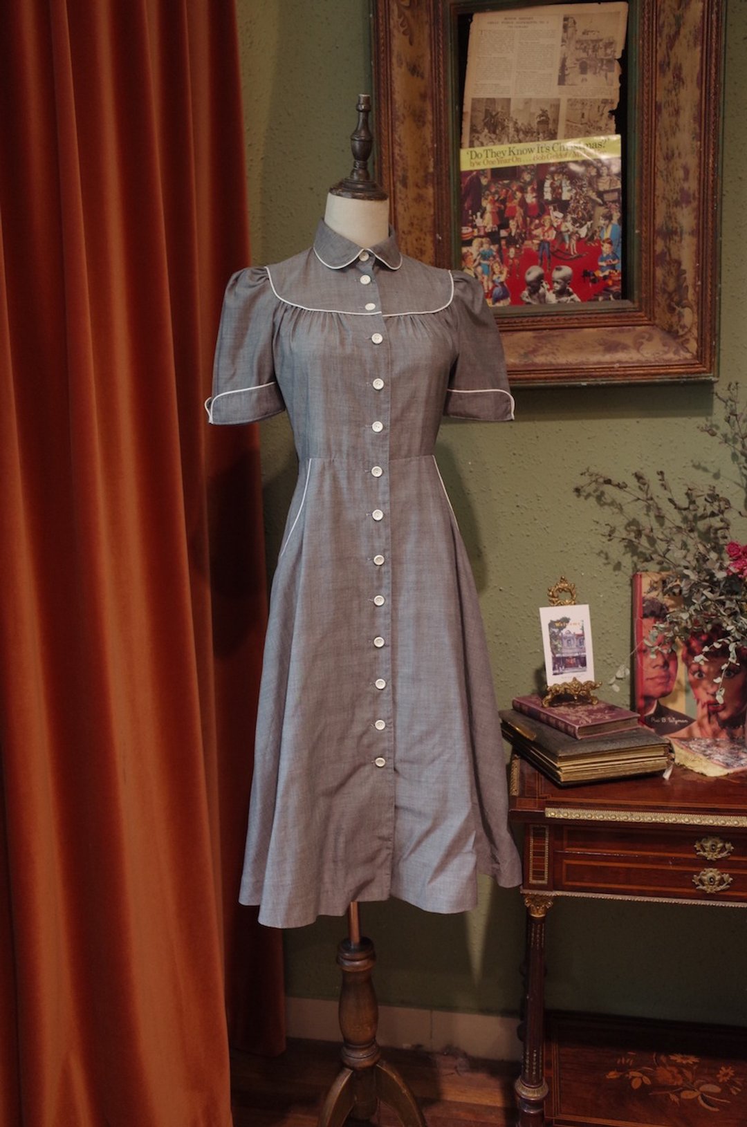 vintage dress灰色翻领连衣裙古着连衣裙 - 洋装/连衣裙 - 棉．麻 