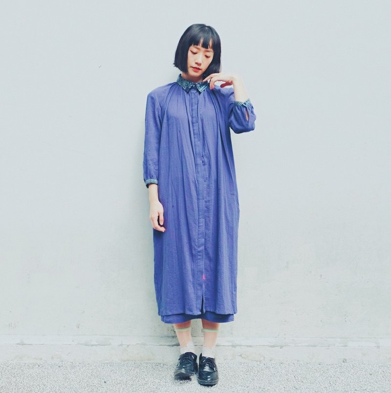 肌里竹节花柄藏蓝拼布//翻领七分袖长罩衫 - 背带裤/连体裤 - 棉．麻 蓝色