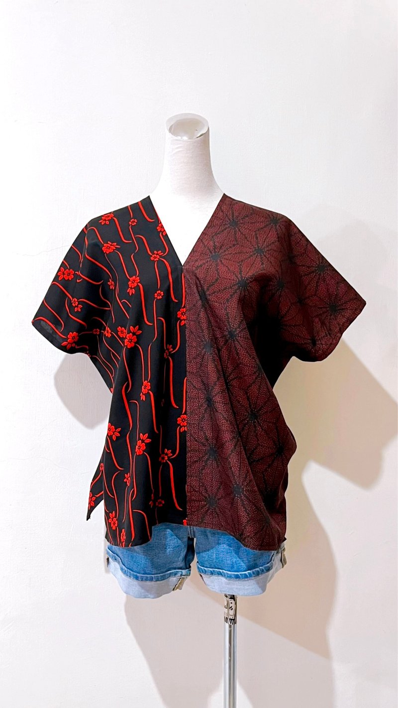 日本传统麻叶纹样红黑撞色花朵四方衣四角衣 - 女装上衣 - 棉．麻 红色