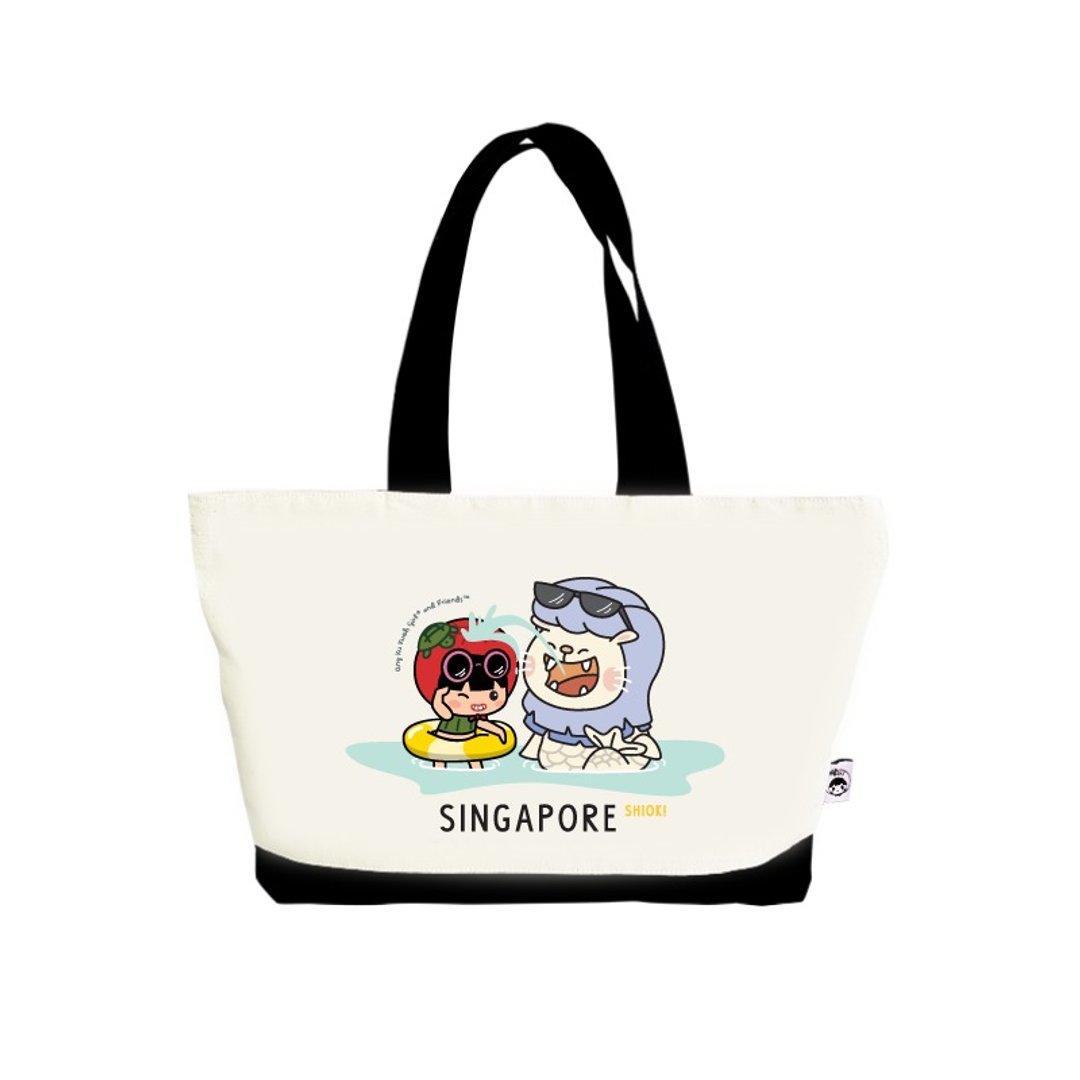Ang Ku Kueh Girl X Merlion Series: Tote Bag (Splashing) 鱼尾狮戏水单肩包 - 手提包/手提袋 - 棉．麻 白色