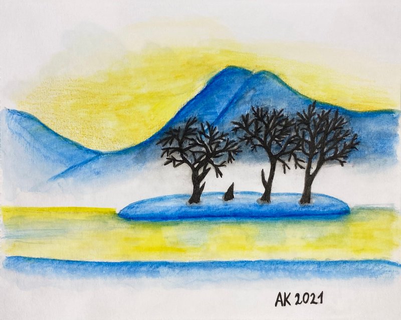 雾蒙蒙的早晨水彩画，自然艺术品，冬季风景，山脉 - 墙贴/壁贴 - 其他材质 蓝色