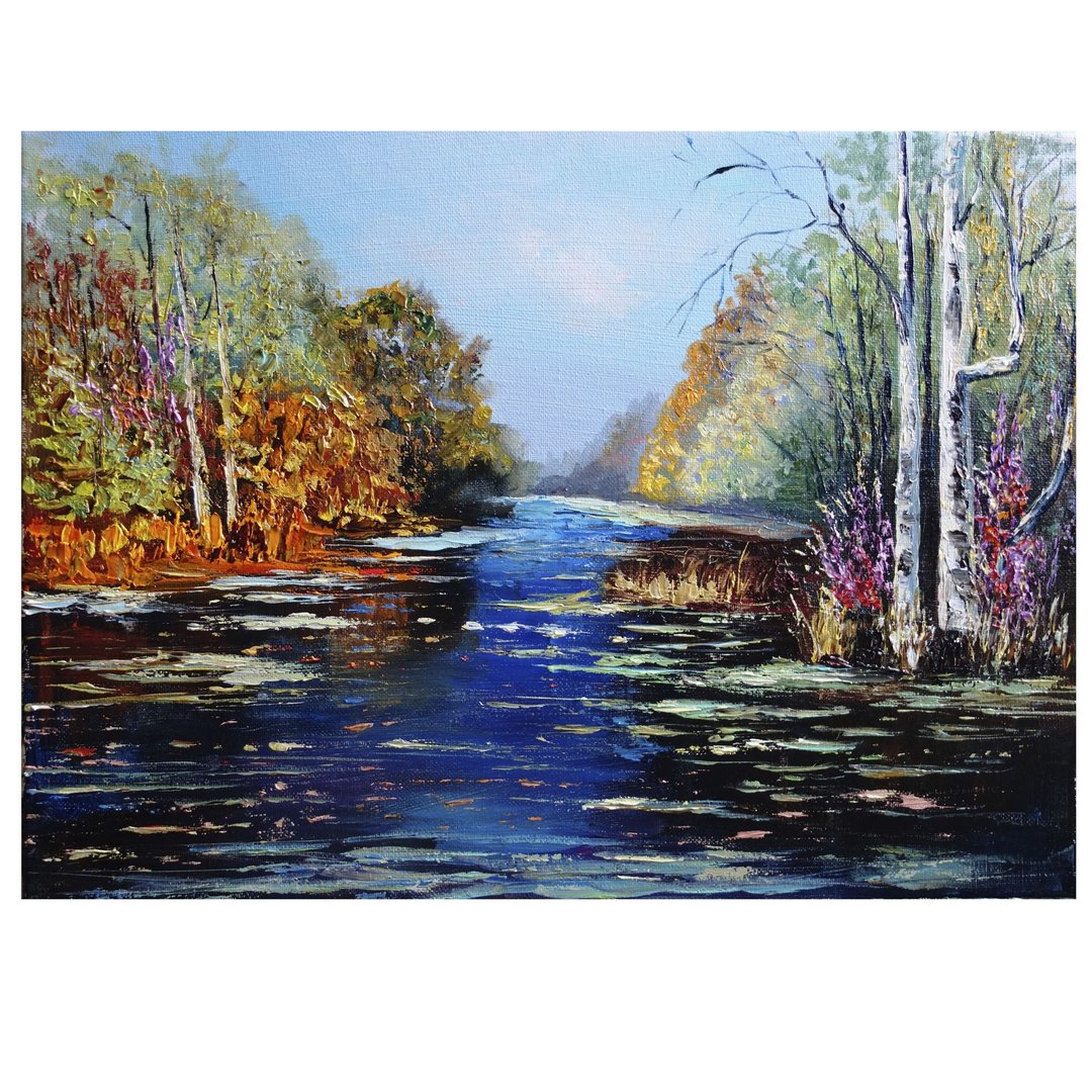Fall Trees Oil Painting Original Art River Landscape Birch Aspen Trees Artwork - 海报/装饰画/版画 - 颜料 多色