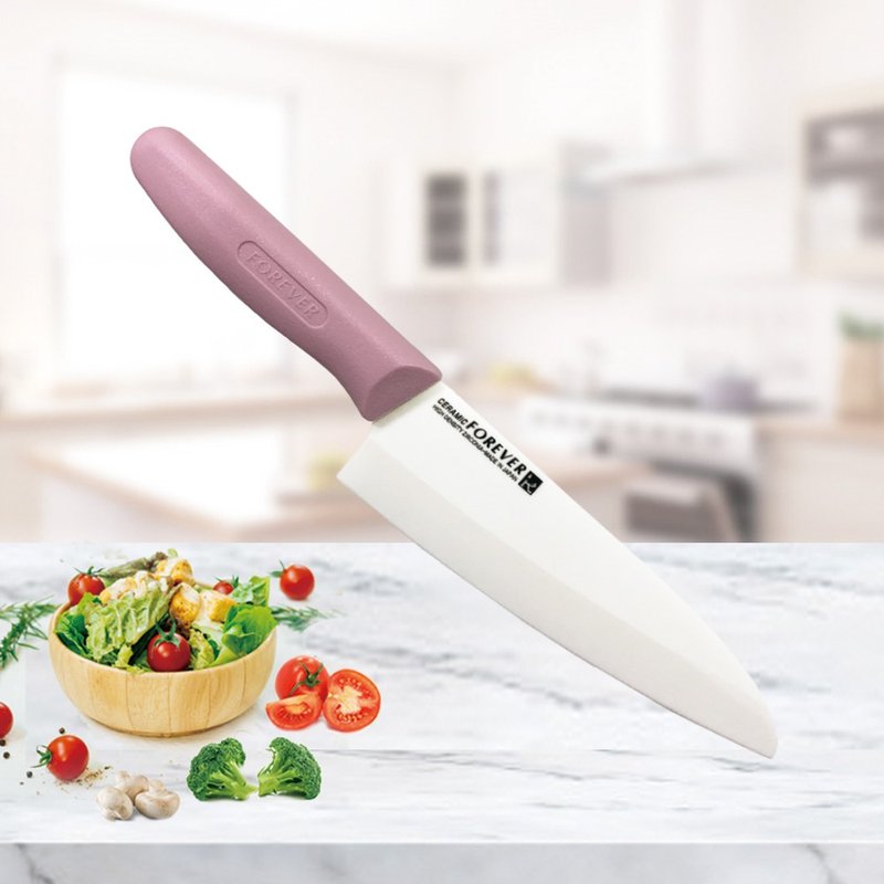日本 FOREVER 锋爱华 制造锋爱华高精密陶瓷刀18CM(白刃粉柄) - 菜刀/刀架 - 瓷 粉红色