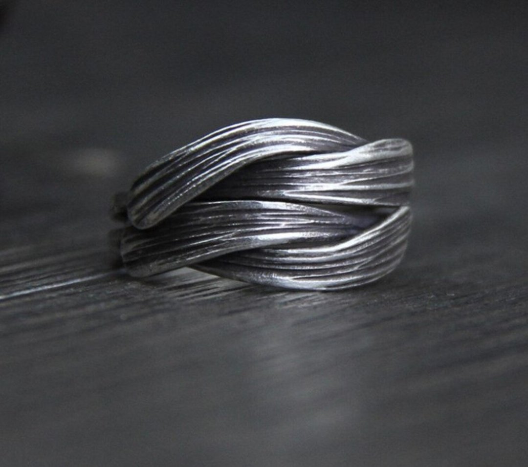 Real S999 Silver Handmade Brushed Weave Finger Rings for Women Thai Silver Black - 戒指 - 纯银 银色