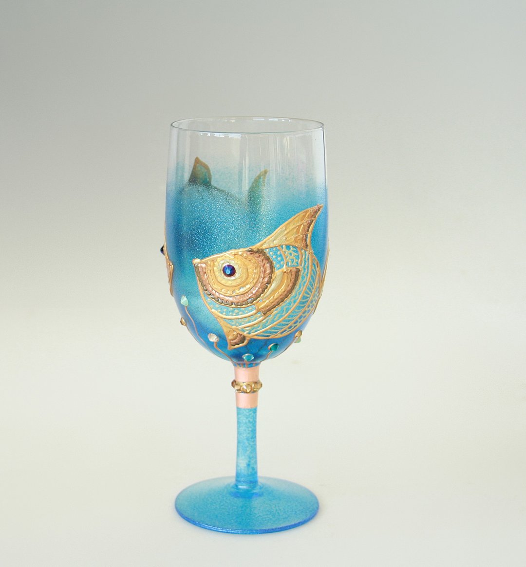 GoldFish Wine Glass hand-painted - 酒杯/酒器 - 玻璃 金色