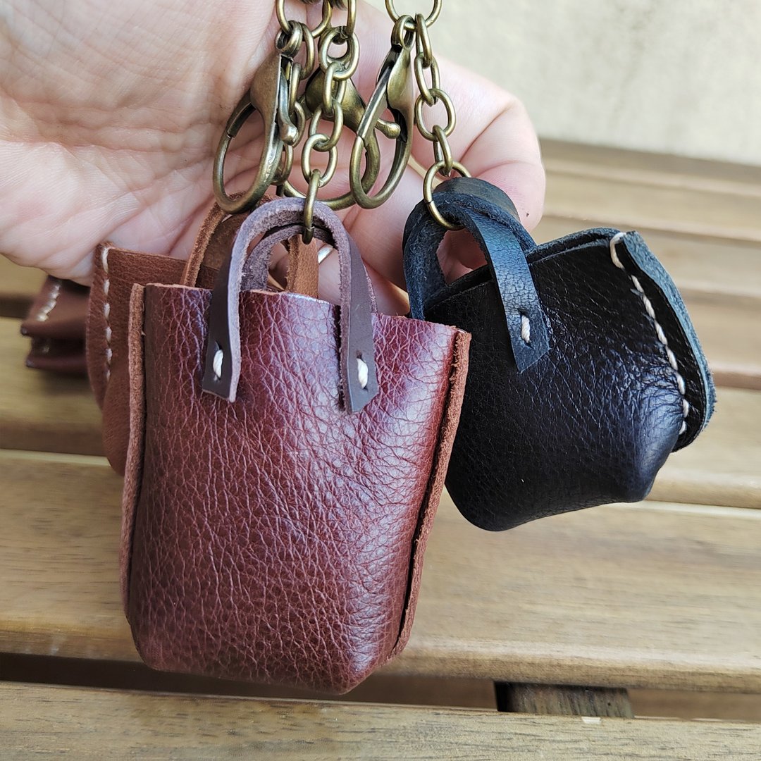LEATHER MINI TOTE BAG KEYCHAIN / BAG CHARM - 钥匙链/钥匙包 - 真皮 咖啡色