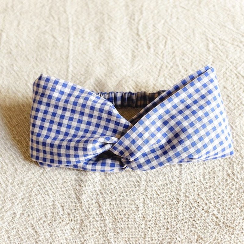 自然风宽发带。蓝色小格纹 - 发饰 - 棉．麻 蓝色