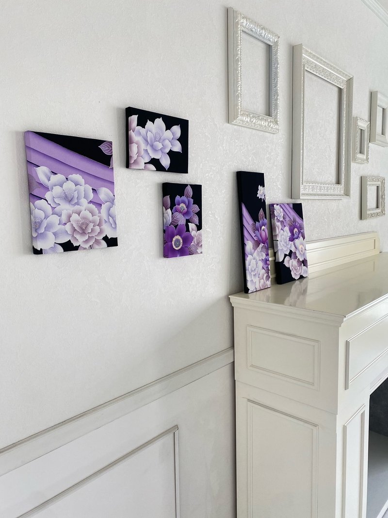 5 件组由黑色留袖制成的艺术面板，复古日式现代和风室内装饰，礼品花痴图案，结婚礼物，乔迁礼物 - 墙贴/壁贴 - 丝．绢 黑色