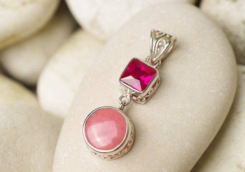 Rhodochrosite and Ruby Pendant Top - Gemstone Pendant Necklace - 项链 - 纯银 多色