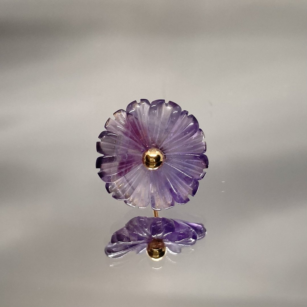 紫水晶花卉雕刻耳环 - 耳环/耳夹 - 宝石 紫色