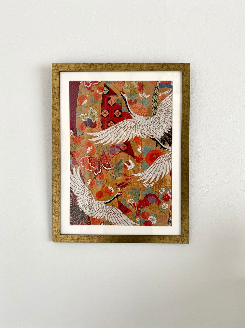 色打掛からつくるアートパネル　vintage 刺繍着物 和モダン 和風インテリア プレゼント 鶴 結婚祝 新築祝 長寿祝 縁起物 額装インテリア　051 - 墙贴/壁贴 - 丝．绢 金色