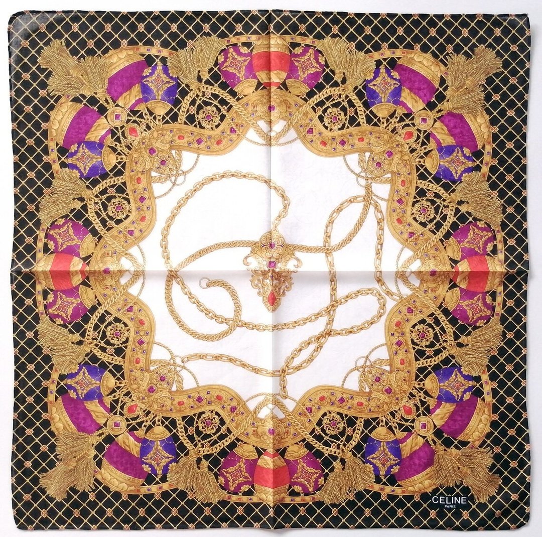 Celine Paris 古董丝巾 皇家巴洛克珠宝与蛋形图案设计 21 x 20 英寸 - 手帕/方巾 - 棉 卡其色