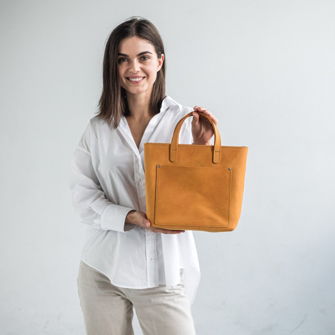 Yellow Leather Tote Bag for Women's | Leather Mini Tote Bag for Everyday Use - 手提包/手提袋 - 真皮 橘色