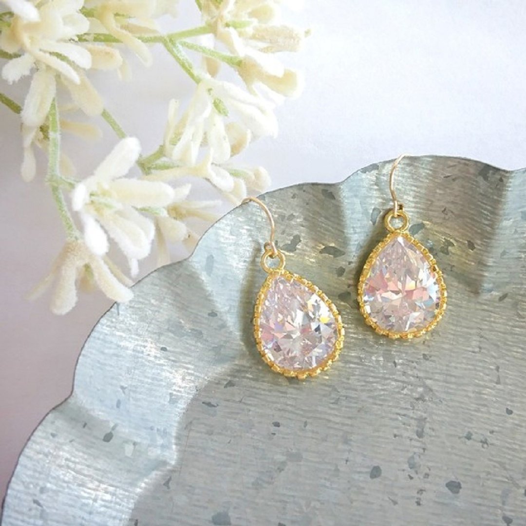 14Kgf, zirconia simple earrings, Clip-On - 耳环/耳夹 - 玻璃 金色