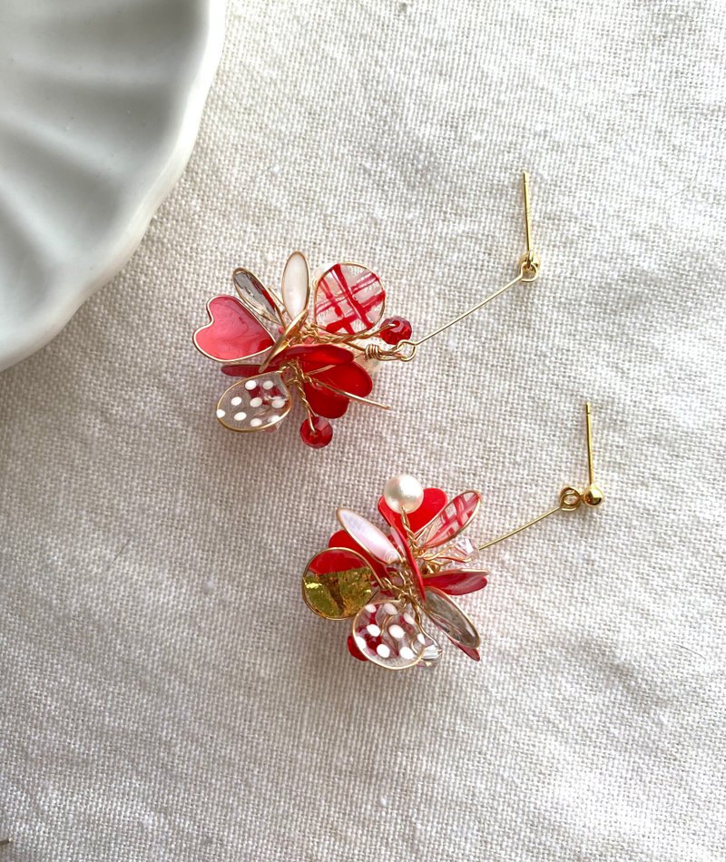情人节限定心心铜线、捷克水晶花、耳环、耳夹 - 耳环/耳夹 - 树脂 红色
