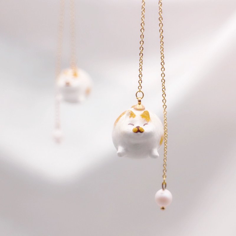 丸制作 | 肥橘白猫丸与珍珠 一对耳勾 | 耳夹 | 耳饰 | 定制 - 耳环/耳夹 - 粘土 