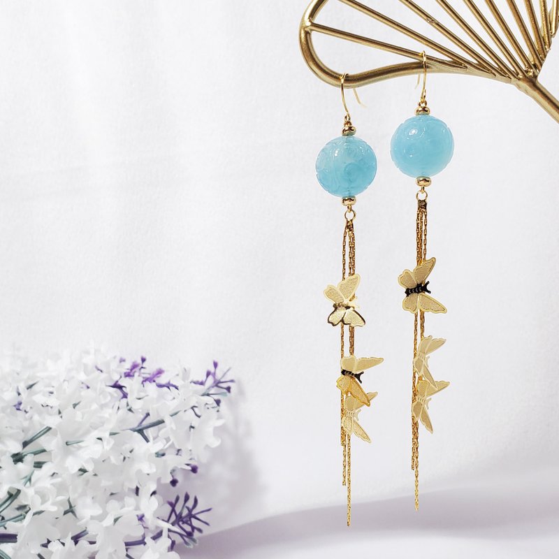 海蓝宝 勇敢者之石 回纹 金蝴蝶流苏 仙气 耳环 单品 礼物 - 耳环/耳夹 - 宝石 蓝色