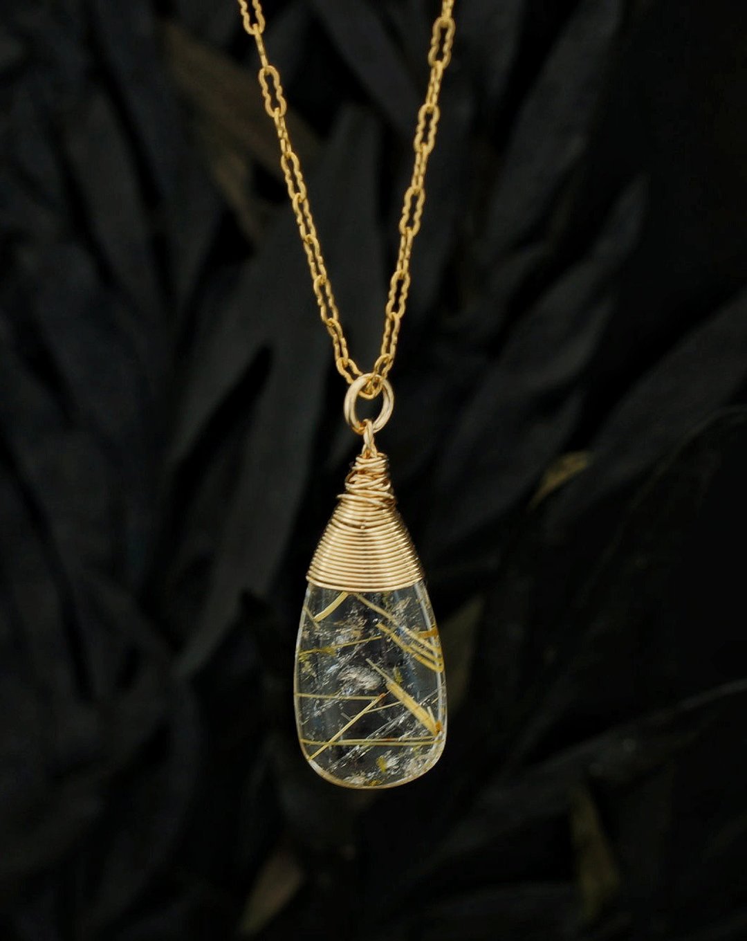 14K GF 金发晶颈链 ( Rutilated Quartz Dainty necklace -02 ) - 项链 - 水晶 