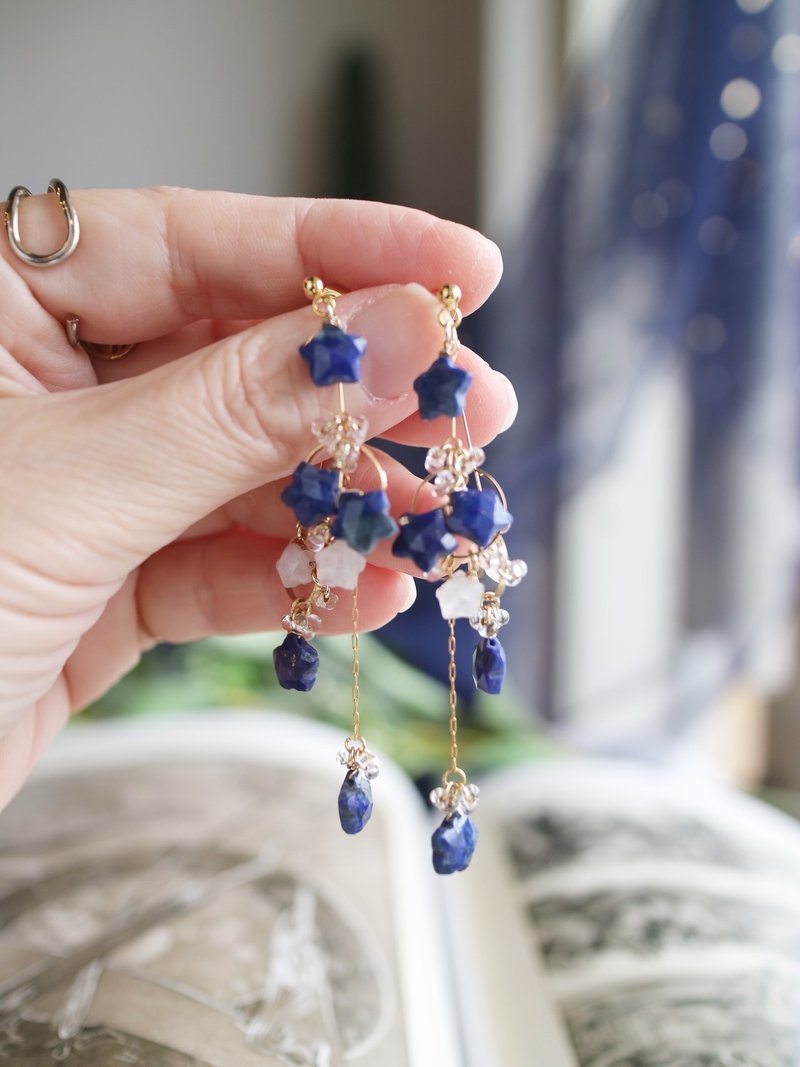 星空 天秤 青金石 月光石 - 耳环/耳夹 - 半宝石 蓝色