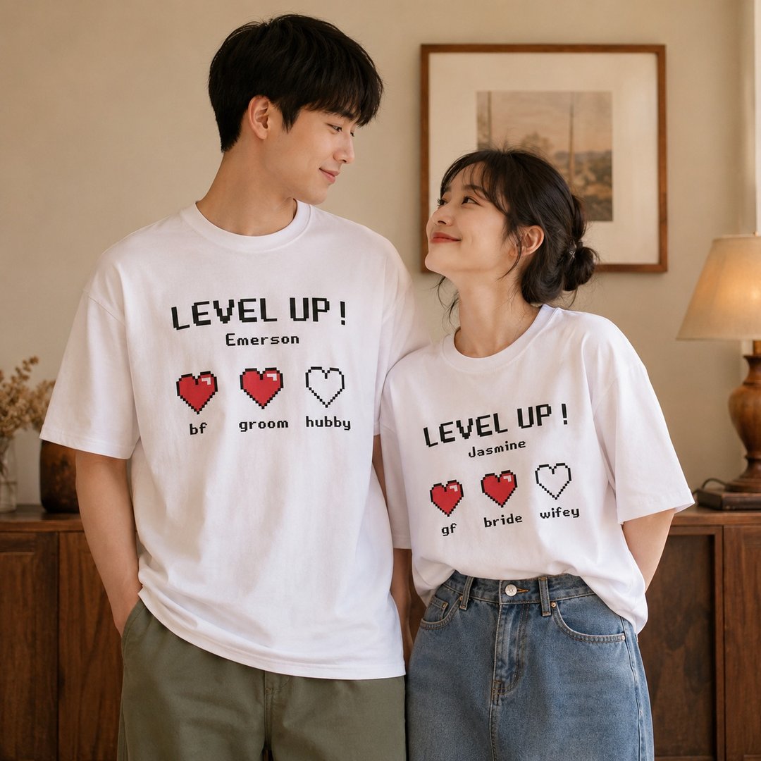 定制化 情侣装/周年纪念礼物 短袖T恤女  Level Up  一套两件 - 女装 T 恤 - 棉 多色