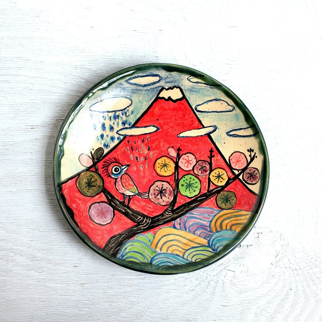 "Birds and Plums and Red Fuji" Woodcut print tone color dishes - 花瓶/陶器 - 陶 多色