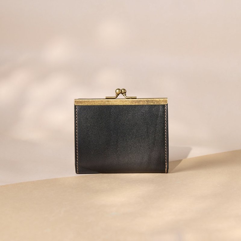 【定制化礼物】意大利牛皮/免费刻字/手作皮件/口金短夹-墨竹 - 皮夹/钱包 - 真皮 黑色