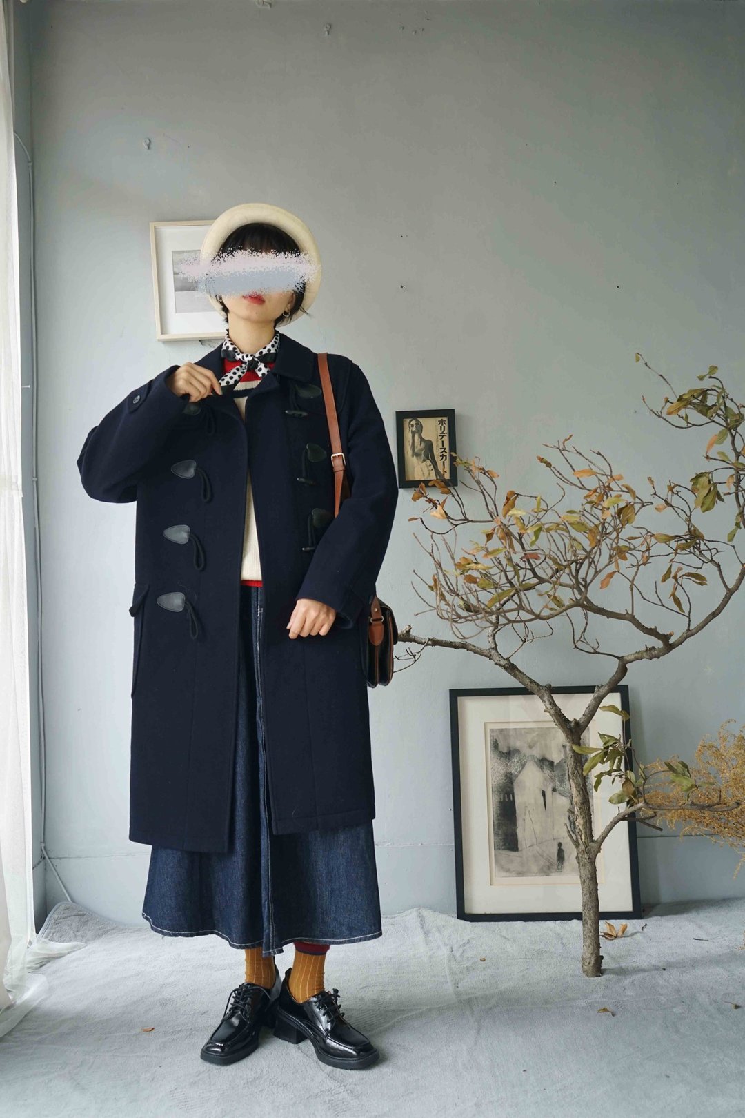 寻宝古着-学院风深蓝色毛呢牛角扣长大衣 - 女装休闲/机能外套 - 羊毛 蓝色
