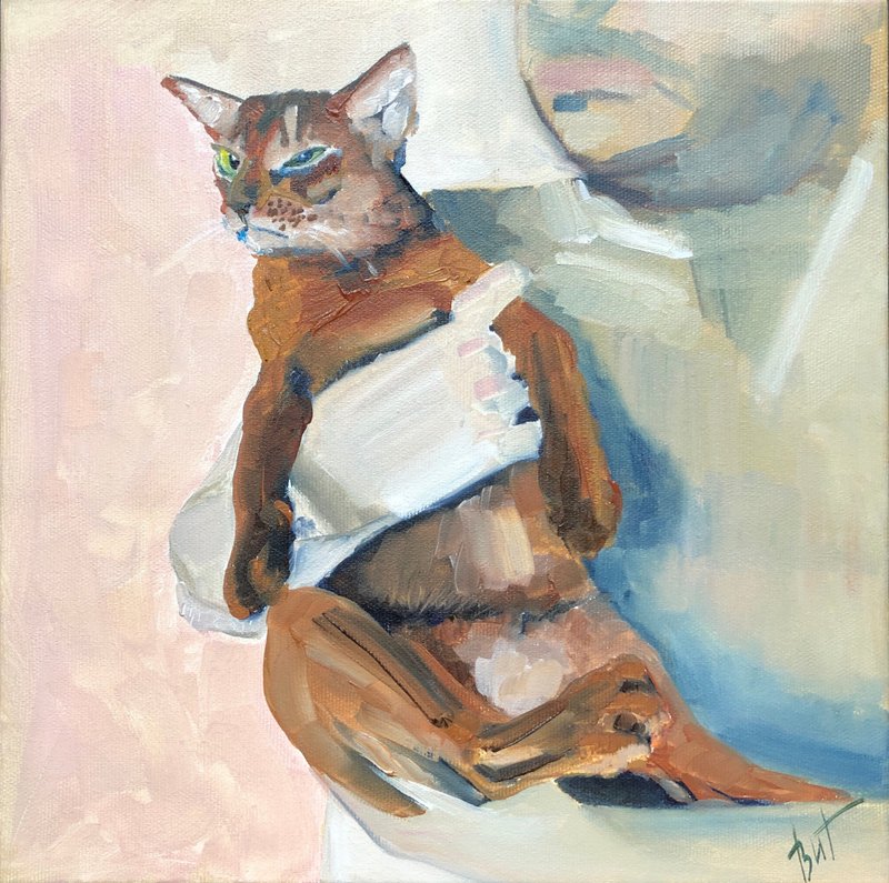 Cat Painting Animal Original Art Pet Oil Artwork Abyssinian Cat Wall Art - 海报/装饰画/版画 - 其他材质 粉红色