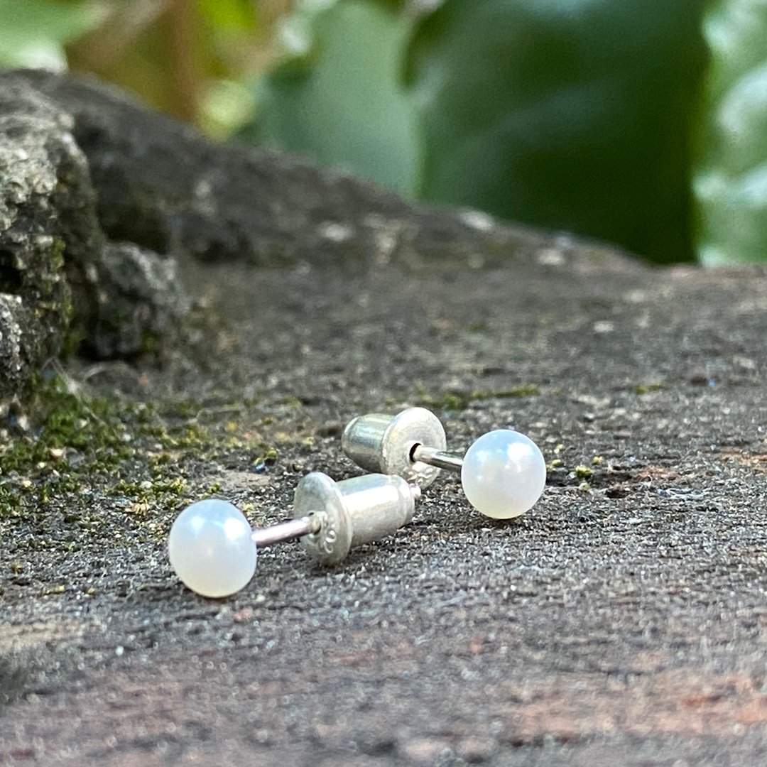 纯银 珍珠 白色 耳针 S137 - 耳环/耳夹 - 纯银 银色