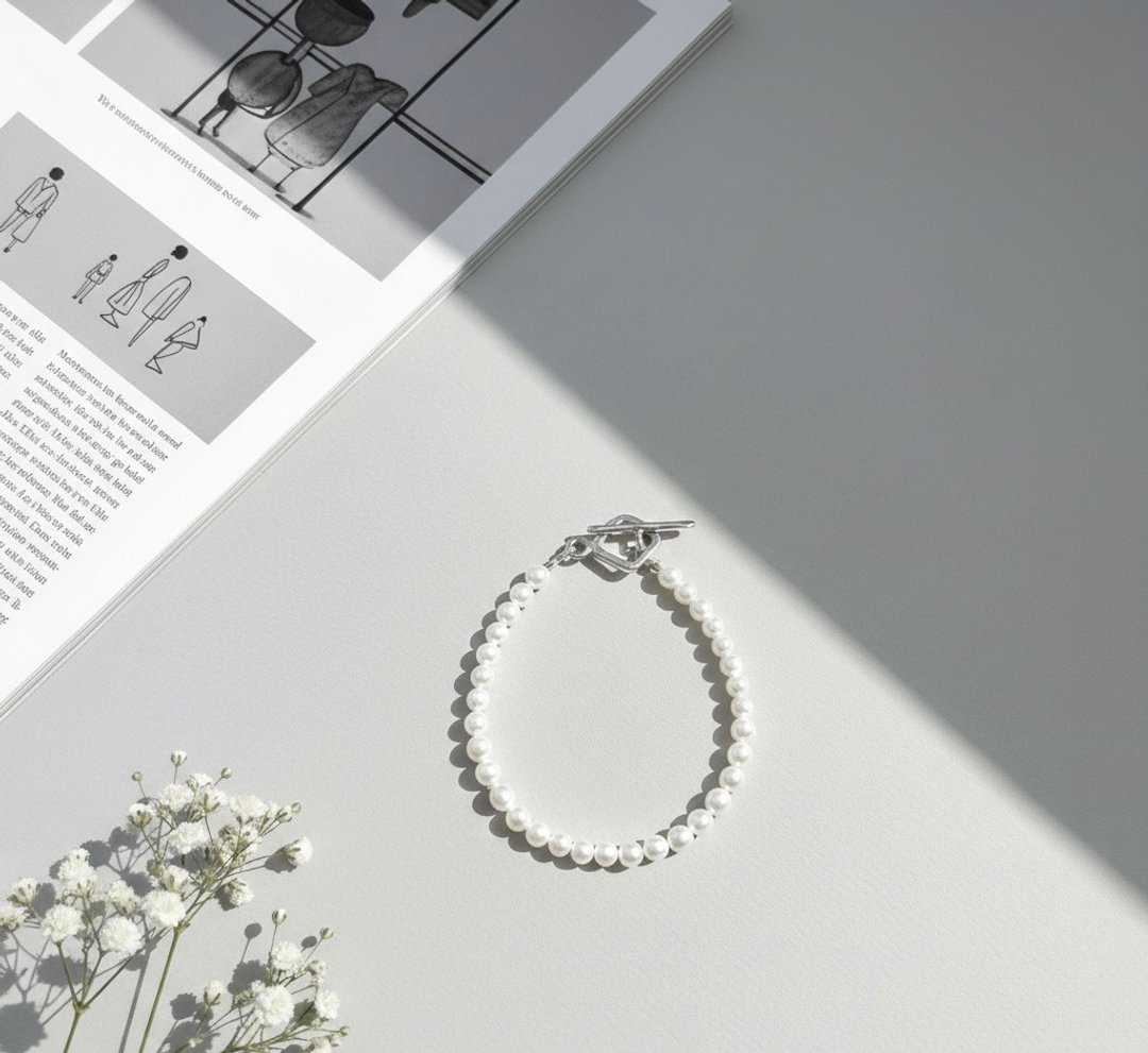 Ops Pearl silver bracelet- 珍珠/纯银/限定/圆/皮光美/手链 - 手链/手环 - 宝石 白色