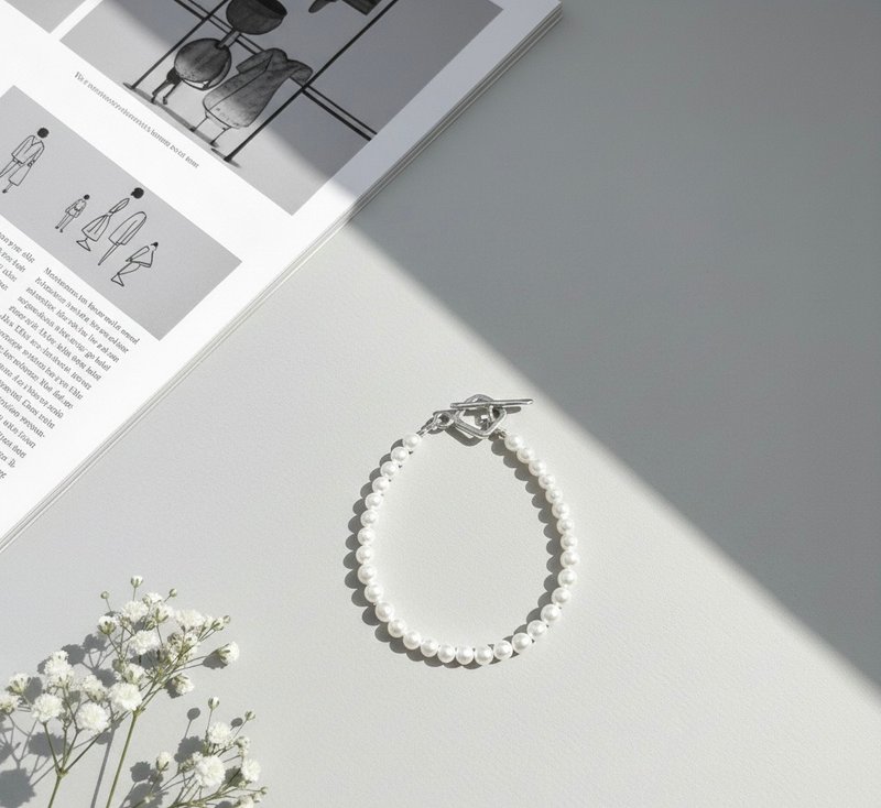 Ops Pearl silver bracelet- 珍珠/纯银/限定/圆/皮光美/手链 - 手链/手环 - 宝石 白色