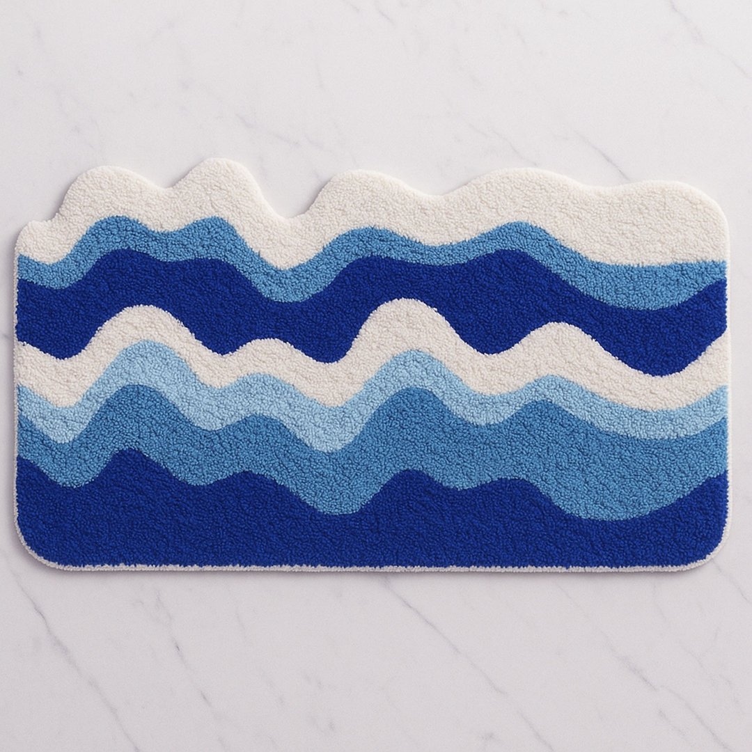 异形藍色海浪簇绒浴室地垫可爱脚垫吸水防滑浴垫居家装饰50x85cm - 地垫/地毯 - 聚酯纤维 多色