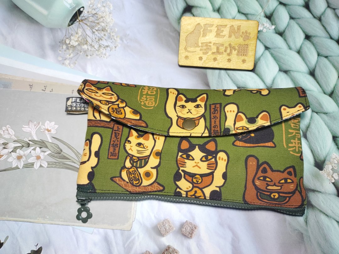 日本限量款妖怪厌世招财猫拉链布红包袋-下方拉链红包袋-手作 - 手拿包 - 棉 