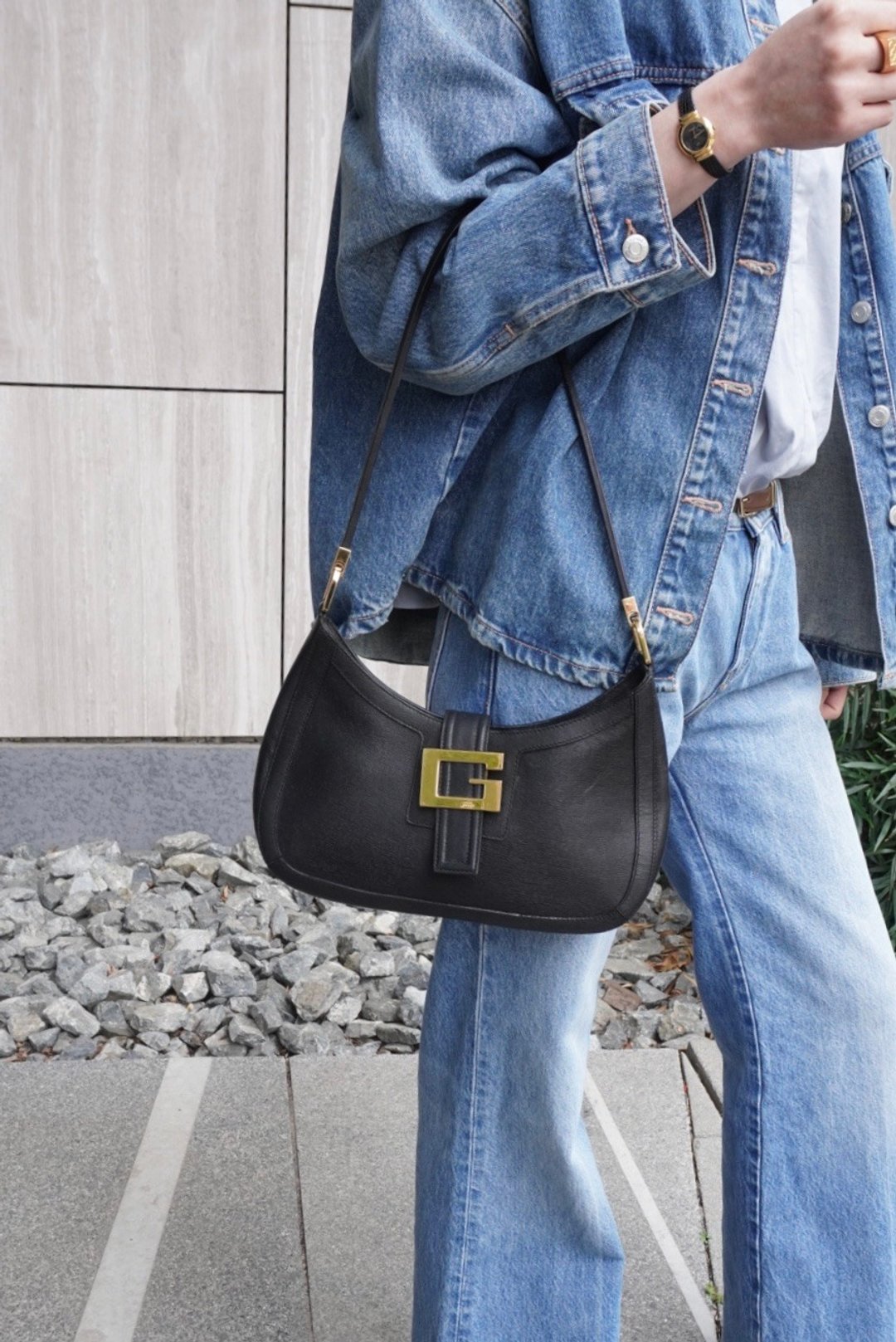 【日本直送 名牌中古包】GUCCI 古驰 黑色 G 标志 皮革 侧背包 vintage - 侧背包/斜挎包 - 真皮 黑色