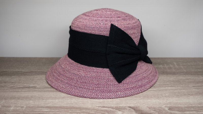 英伦蝴蝶结淑女帽-樱花粉 针织帽 渔夫帽 纸线编织 可水洗 台湾制 - 帽子 - 纸 粉红色