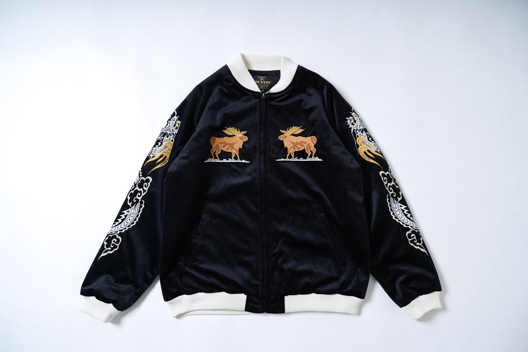 照旧古着 HOUSTON JAPAN 丝绒刺绣夹克阿拉斯加大山羊海军 - 男装外套 - 其他材质 