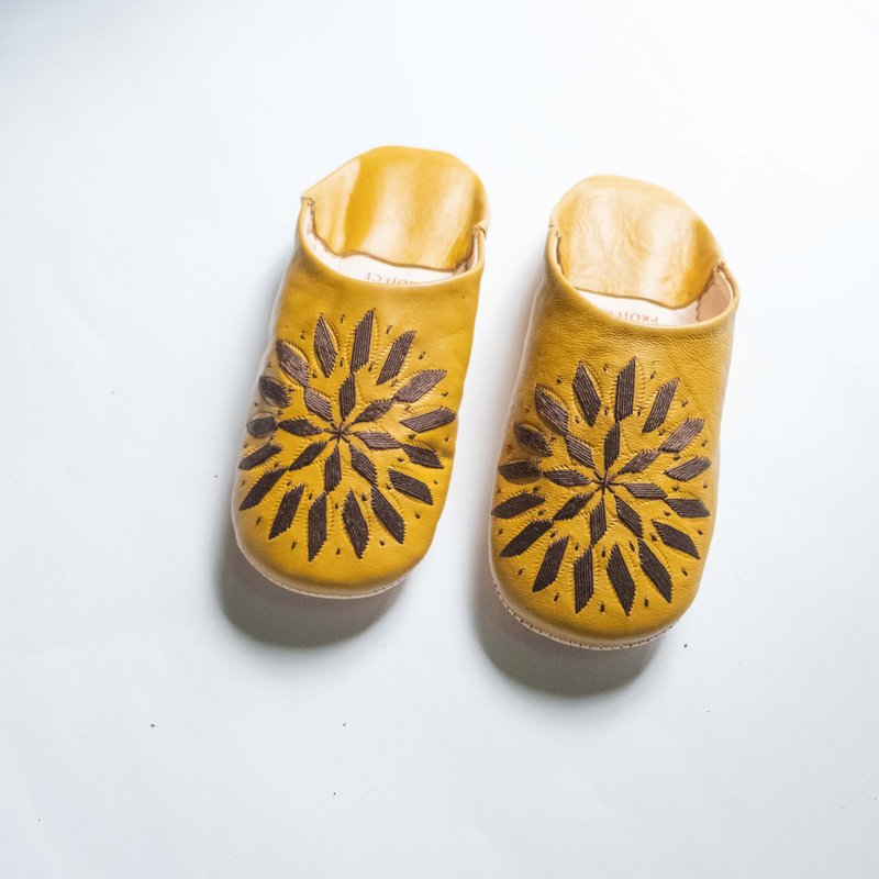 【Babouche 手工鞋】天堂鸟 －圆 / 摩洛哥 - 室内拖鞋 - 真皮 黄色