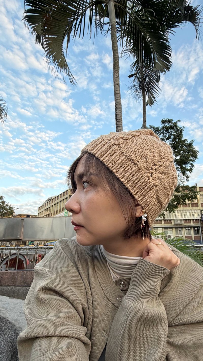 棕色包头麻花编织毛帽 - 帽子 - 羊毛 卡其色