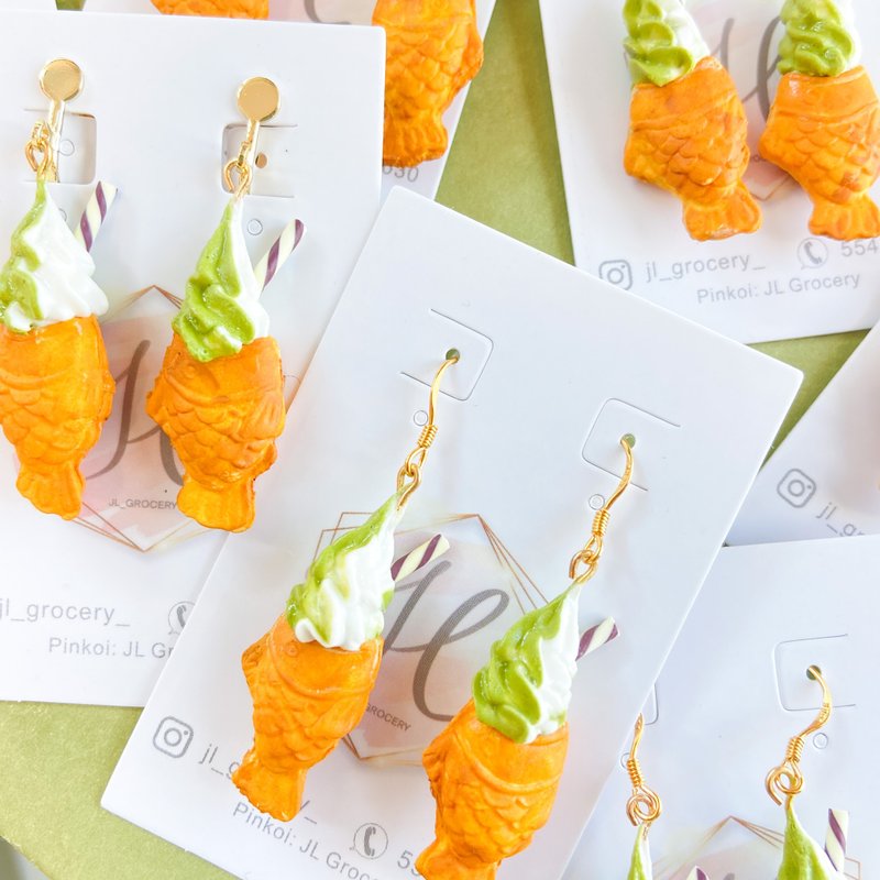 【日式】抹茶牛奶雪糕鲷鱼烧耳环 | 食物饰物 | 微缩饰物 - 耳环/耳夹 - 粘土 