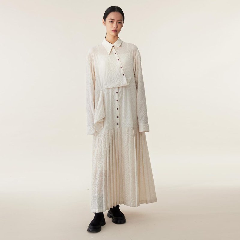 tan tan / 米白色斜门襟洋装 - 洋装/连衣裙 - 聚酯纤维 白色