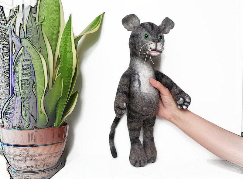 毛绒玩具. 条纹猫. 毛毡玩偶. 送给孩子的礼物。 - 玩具/玩偶 - 羊毛 灰色