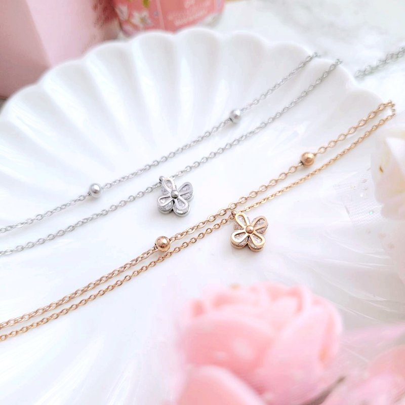 雪精灵。镶嵌花朵与圆珠白钢脚链 - 脚链/脚环 - 不锈钢 银色