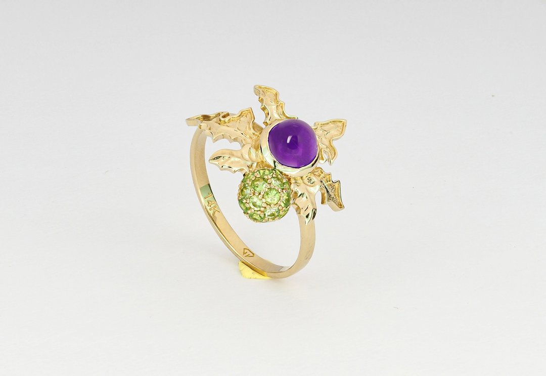 14 kt  gold ring with amethyst and peridots. Scottish thistle gold ring. - 戒指 - 贵金属 金色