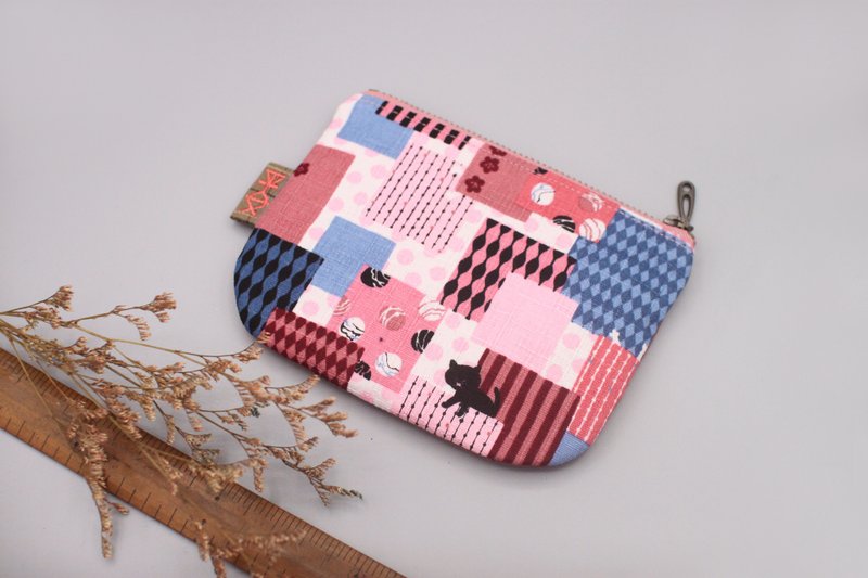 平安小乐钱包-缤纷乐园与黑猫,双面双色小钱包 - 皮夹/钱包 - 棉．麻 粉红色