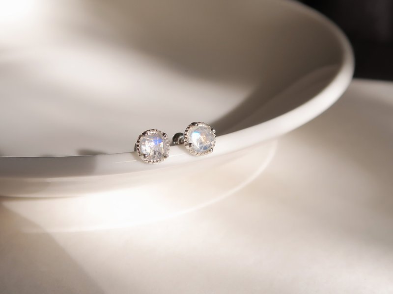 925纯银 月光石 天然石 圆形角面 锁珠 转珠 耳环 耳夹 免费包装 - 耳环/耳夹 - 纯银 灰色