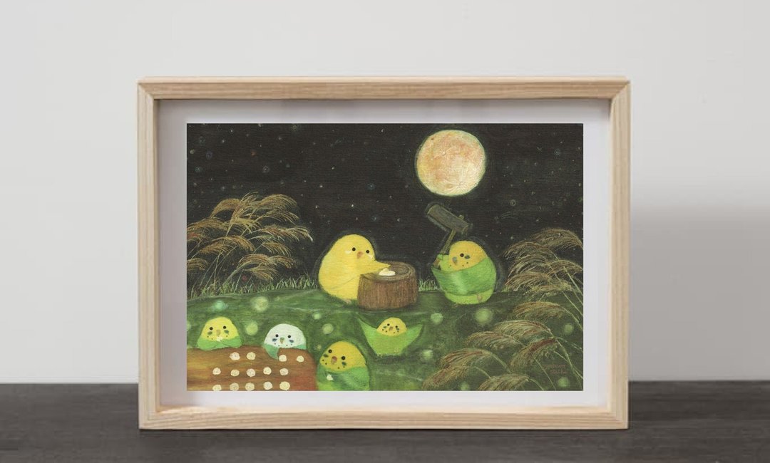 A4 赏月、捣年糕、鹦鹉、月亮、满月、夜晚、紫芒、秋天、大自然、风景画、虎皮鹦鹉、麻雀、雀、野鸟 - 海报/装饰画/版画 - 纸 黑色